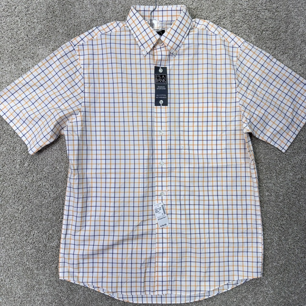 Jos. A. Bank Shirt Mens M Traveler Sportshirt White Orange Blue Button-down NEW